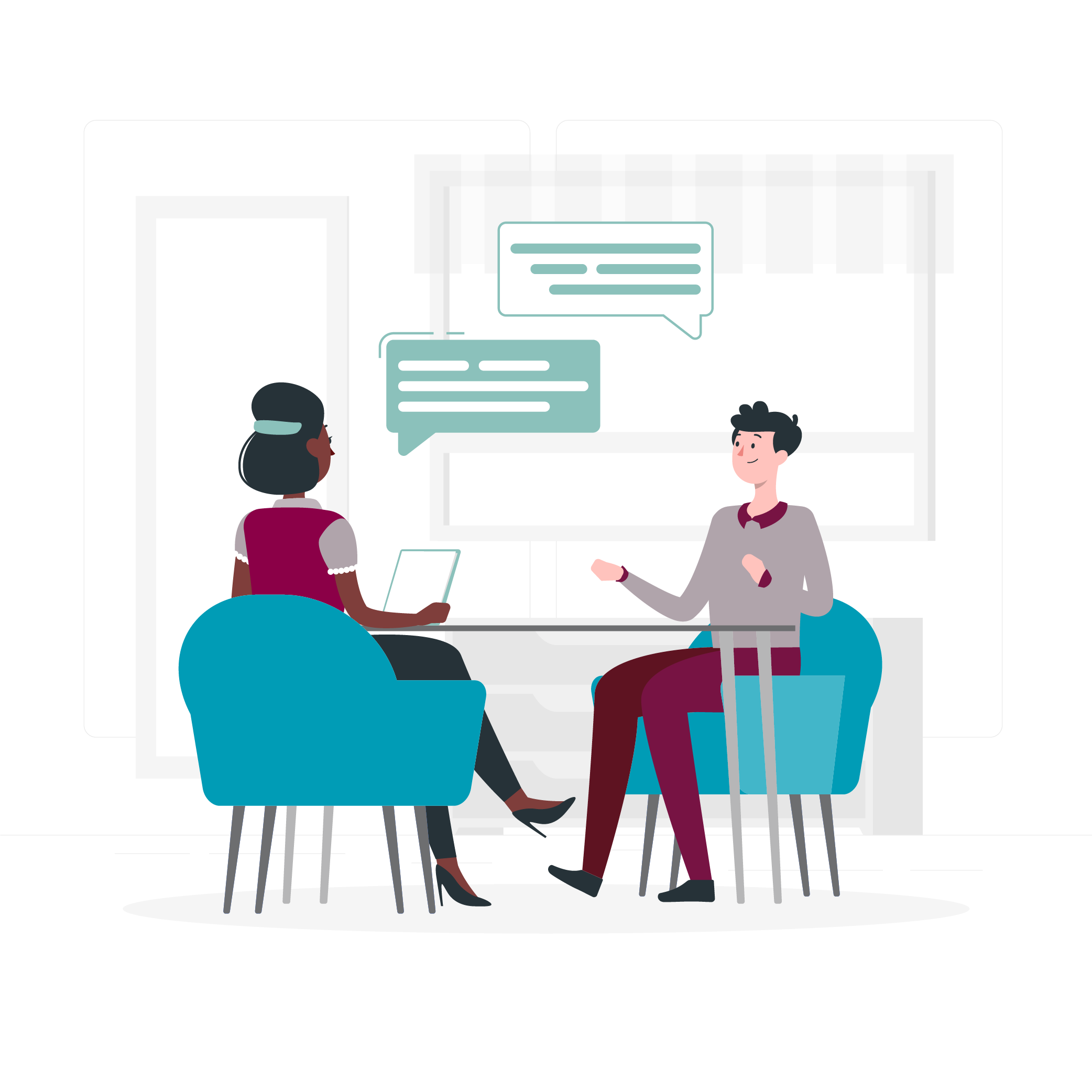 Illustration of two people sitting at a table having a discussion